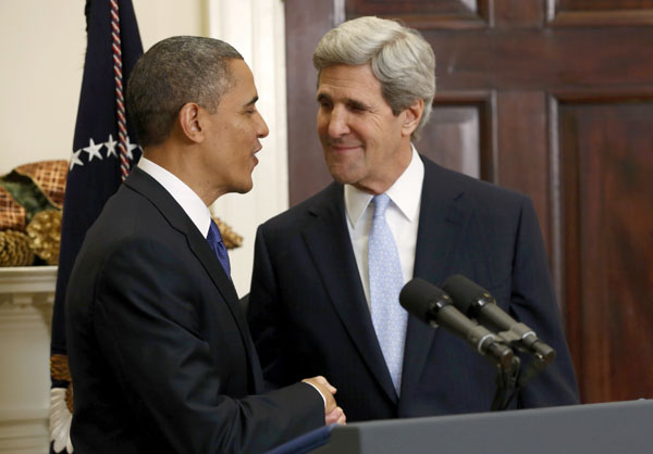 US President Barack Obama talks with US Senator John Kerry after nominating him as the next secretary of state on Friday in the White House in Washington. MANDEL NGAN / AGENCE FRANCE-PRESSE Kerry positive for China-US relations
