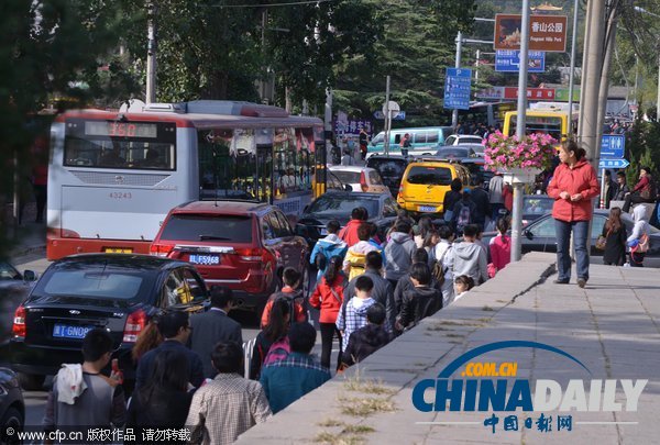 北京:香山紅葉迎來賞紅高峰 停車場(chǎng)8點(diǎn)就滿了