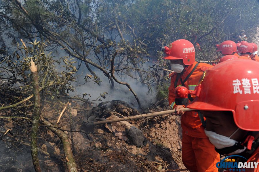 云南富民突發(fā)森林火災(zāi) 200名武警撲滅明火