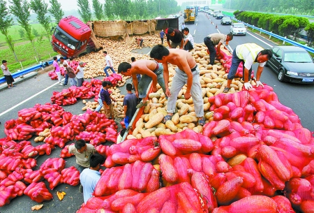 瓜車(chē)撞上高速救援車(chē) 32噸南瓜阻京港澳高速5小時(shí)