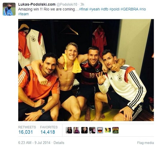 狂屠巴西 德國(guó)眾將賽后發(fā)推慶祝