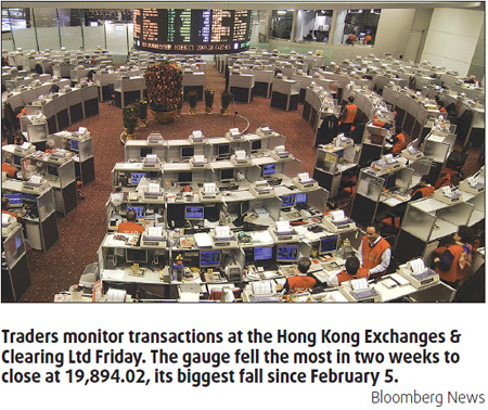 HK stocks tumble most in 2 weeks