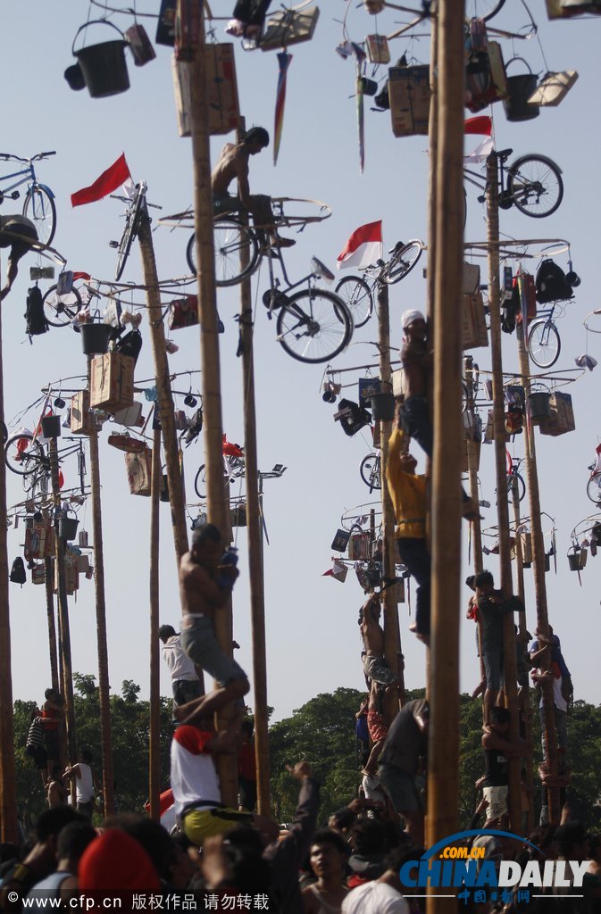 以國(guó)家名義狂歡 印尼民眾爬高奪獎(jiǎng)慶祝獨(dú)立日（圖）