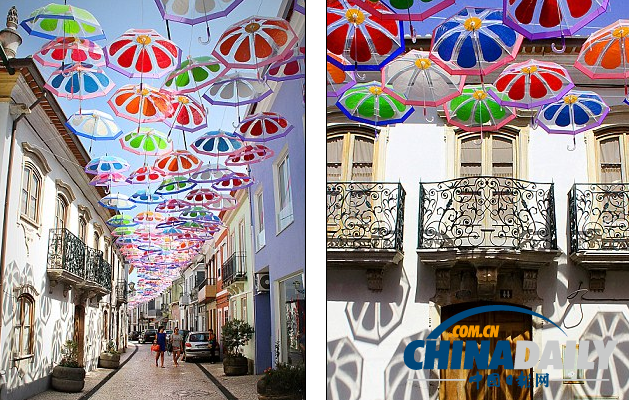 五彩雨傘漂浮半空中 葡萄牙小鎮(zhèn)用雨傘打造童話世界
