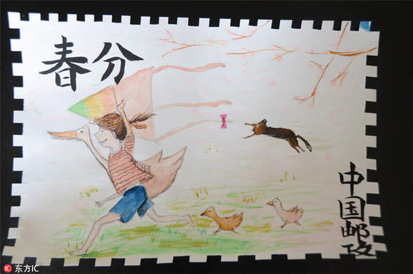 Student paints spring scenes on stamps