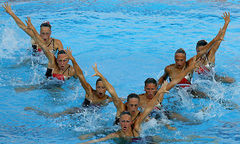 The Italian synchronized swimming team competes in the team final during the European Aquatic Championships in Budapest, Hungary, July 30, 2006. The Italian team won the bronze medallion.