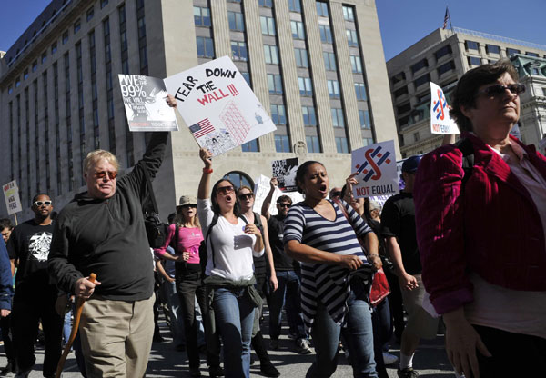 Protestors shout slogans during an 'Occupy D.C.' movement in downtown Washington D.C., capital of the United States, Oct 6, 2011. US 'occupied' by protestors