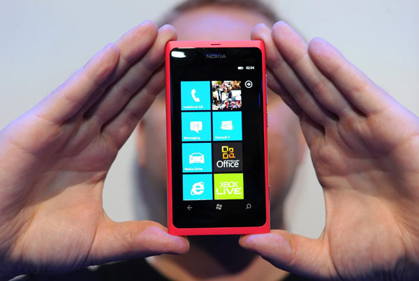The new Nokia smart phone Lumia 800 is shown off at Nokia world, London, Oct 26, 2011. Nokia proclaims new dawn with Windows phones