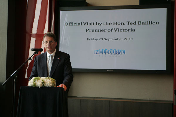 Ted Baillieu, Premier of Victoria, outlines the 10-Year China Tourism Plan to members of the Chinese travel and tourism community in Shanghai Friday. Victoria to launch tourism promotion campaign in China