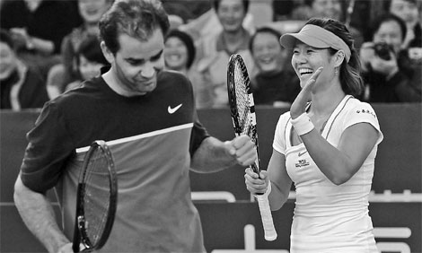 Fourteen-time major champion Pete Sampras dropped his racquet and surrendered to his opponent during a rally. Big-serving German Sabine Lisicki tossed up bad service balls six times in a row.  Stars bring comedy to court