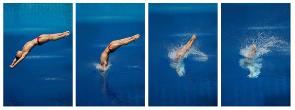 A combination photograph shows China's Li Shixin performing a dive at the men's 1m springboard final during the World Swimming Championships at the Montjuic municipal pool in Barcelona, July 22, 2013. China wins one more gold at World Championships