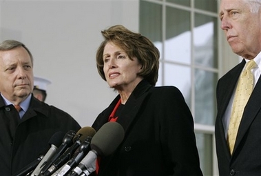 House Speaker Nancy Pelosi of Calif., center, flanked by Sen. Richard Durbin, D-Ill., left, and House Majority Leader Steny Hoyer of Md., speaks to reporters outside the White House in Washington, Wednesday, March 7, 2007. (AP