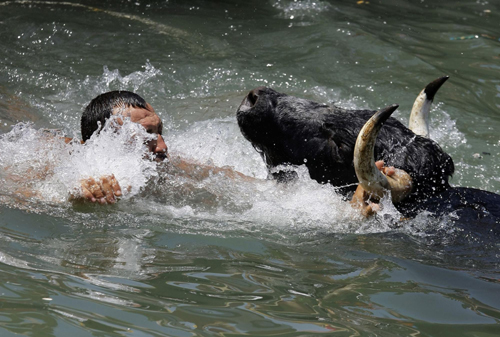 Bulls chasing revellers at Spanish festival